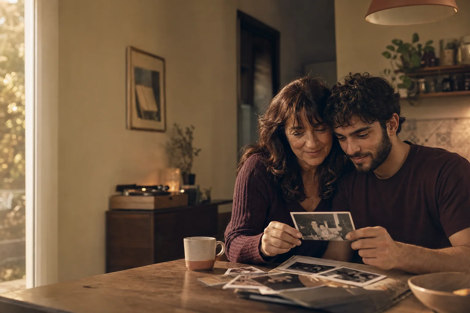 Una madre e suo figlio adulto guardano insieme vecchie fotografie di famiglia