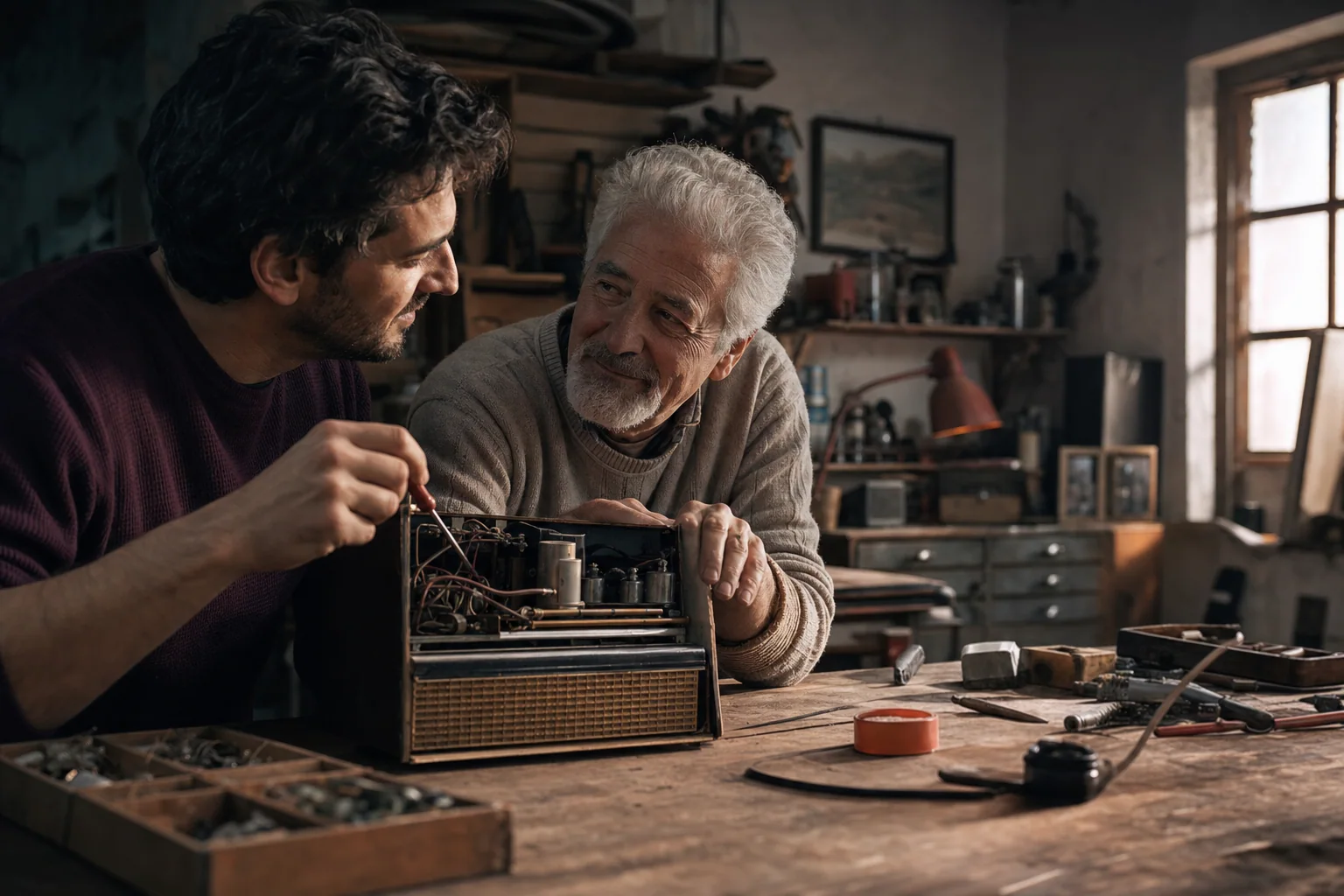 Un padre e il figlio adulto riparano insieme una vecchia radio